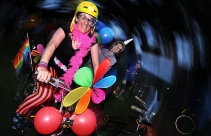 VANCOUVER, BC.:JUNE 15, 2012-Bike Rave, a combination ride /dance party, in action starting at Crab Park in Vancouver, B.C., on Friday night June 15, 2012. It is a celebration of bikes, music, costumes and dance. This is Jessica Cowen all fixed up. (Steve Bosch/PNG)